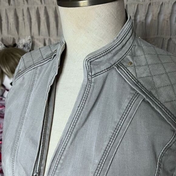 White House Black Market quilted denim jacket military moto cut sz 2 - Picture 4 of 11